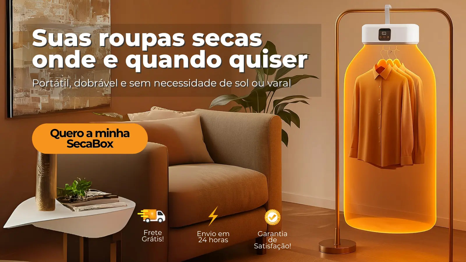 SecaBox em uso no apartamento: secadora de roupas portátil e dobrável